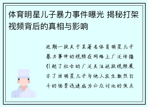 体育明星儿子暴力事件曝光 揭秘打架视频背后的真相与影响